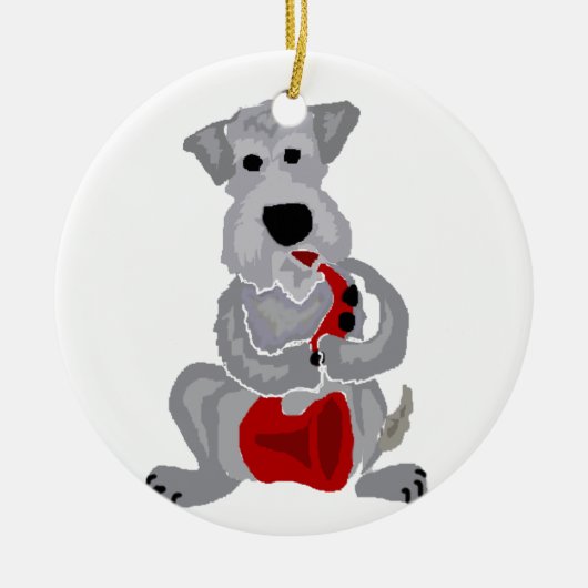 Funny Schnauzer die Red Saxophone speelt Keramisch Ornament (Voorkant)