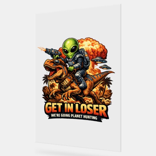 Funny Sci-Fi Fantasy Meme Art, Alien Riding Dinosa Acryl Bord (Hoek)