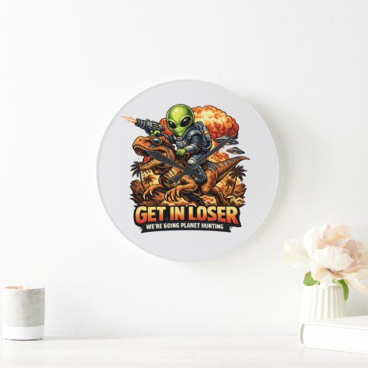 Funny Sci-Fi Fantasy Meme Art, Alien Riding Dinosa Grote Klok (Huis)