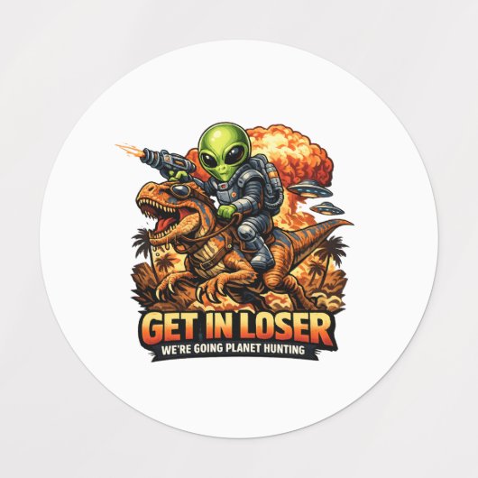 Funny Sci-Fi Fantasy Meme Art, Alien Riding Dinosa Labels (Design 1)