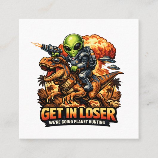 Funny Sci-Fi Fantasy Meme Art, Alien Riding Dinosa Vierkante Visitekaartje (Voorkant)
