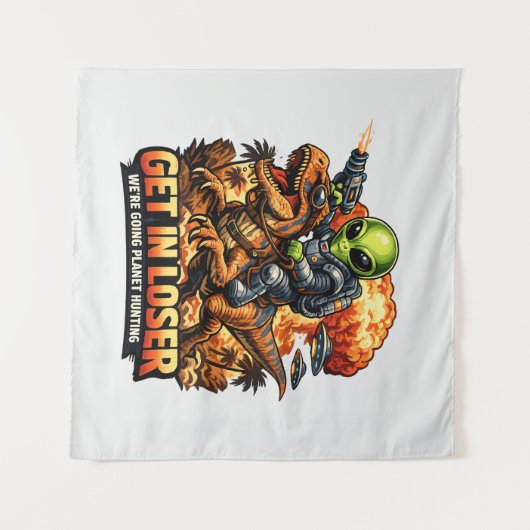 Funny Sci-Fi Fantasy Meme Art, Alien Riding Dinosa Wandkleed (Voorkant (horizontaal))