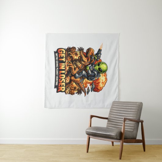 Funny Sci-Fi Fantasy Meme Art, Alien Riding Dinosa Wandkleed (In Situ (horizontaal))