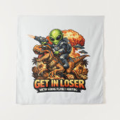 Funny Sci-Fi Fantasy Meme Art, Alien Riding Dinosa Wandkleed (Voorkant)