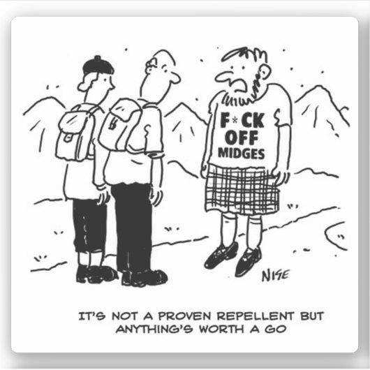 Funny Scotsman en Midges Cartoon. Sticker (Voorkant)