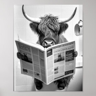 Funny Scottish Highland Koe in Bathroom Wall Art Poster