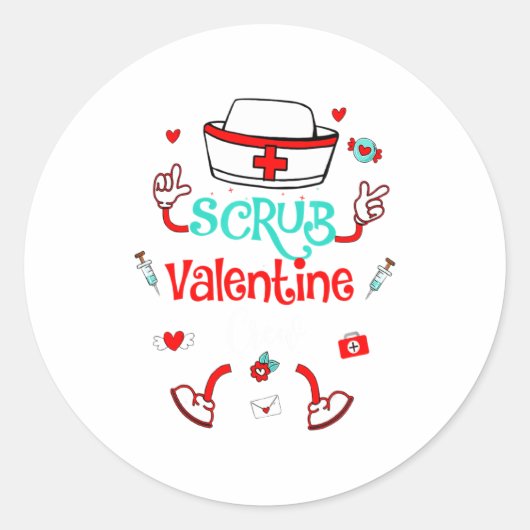 Funny Scrub Valentines Day Nurse Crew Family Group Ronde Sticker (Voorkant)