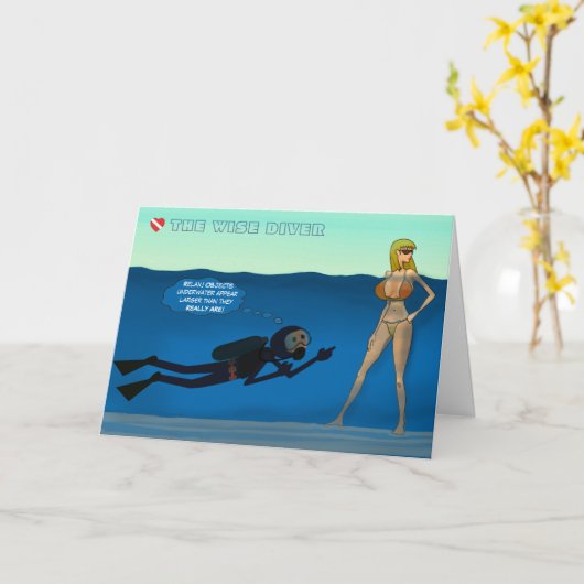 FUNNY SCUBA DIVER EN BIKINI GIRL. FUN SCUBA JOKE KAART (Gele Bloem)
