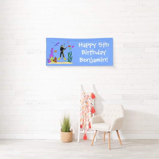 Funny scuba diver en vis zee creatures birthday spandoek (Insitu)