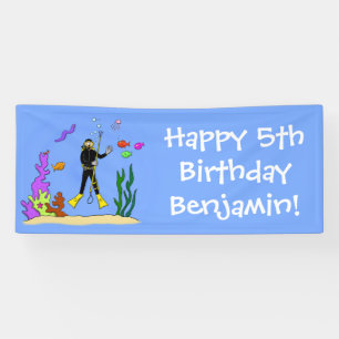 Funny scuba diver en vis zee creatures birthday spandoek