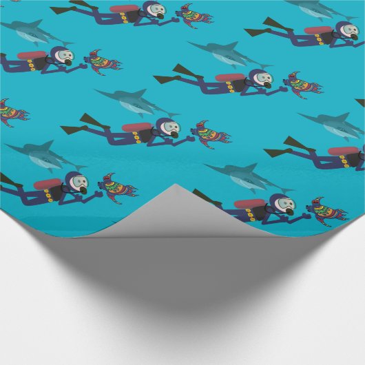 FUNNY SCUBA DIVER UNDERWATER, ZEE TURTLE + SHARK CADEAUPAPIER (Hoek)