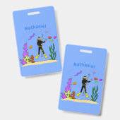 Funny scuba-duiker en cartoon van zee badge (Voor- en achterkant)