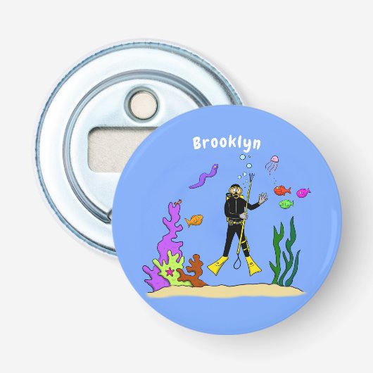 Funny scuba-duiker en cartoon van zee button flesopener (Voorkant)