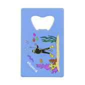 Funny scuba-duiker en cartoon van zee creditkaart flessenopener (Voorkant)