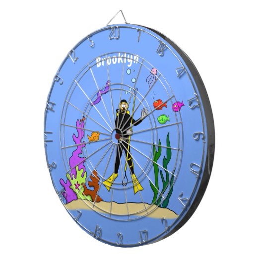 Funny scuba-duiker en cartoon van zee dartbord (Voorkant Rechts)
