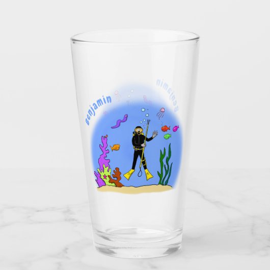 Funny scuba-duiker en cartoon van zee glas (Voorkant)