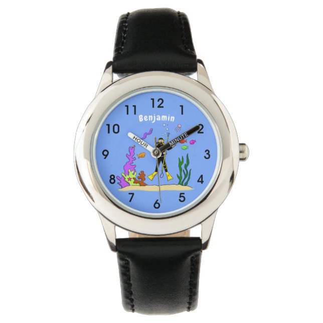 Funny scuba-duiker en cartoon van zee horloge (Voorkant)