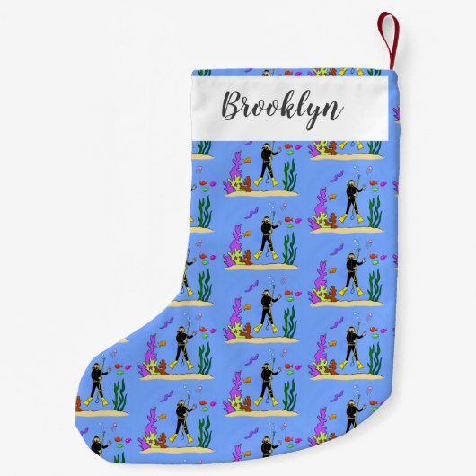 Funny scuba-duiker en cartoon van zee kleine kerstsok (Achterkant)