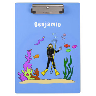 Funny scuba-duiker en cartoon van zee klembord