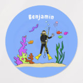 Funny scuba-duiker en cartoon van zee labels (Design 1)