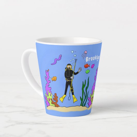 Funny scuba-duiker en cartoon van zee latte mok (Linkerhoek)