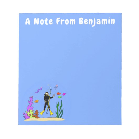 Funny scuba-duiker en cartoon van zee notitieblok (Voorkant)