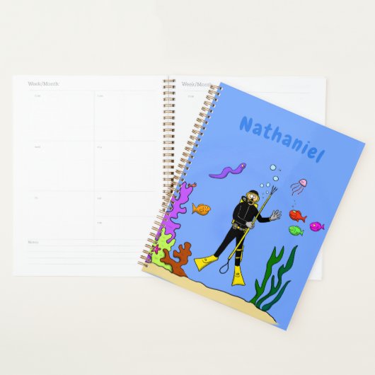 Funny scuba-duiker en cartoon van zee planner (Display)