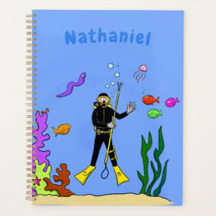 Funny scuba-duiker en cartoon van zee planner