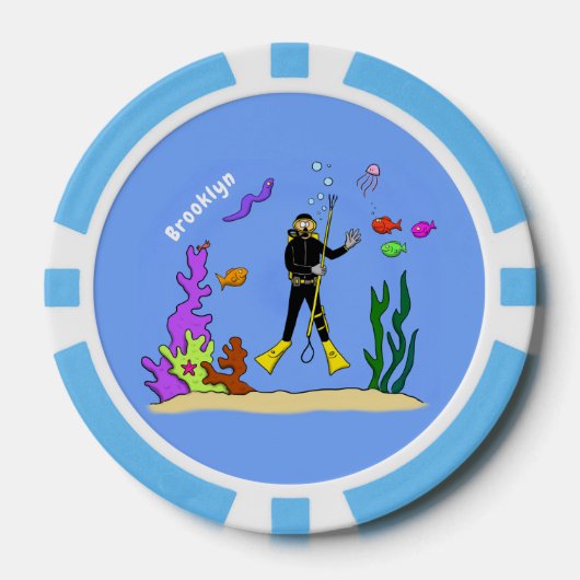 Funny scuba-duiker en cartoon van zee poker chips (Voorkant)