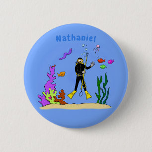 Funny scuba-duiker en cartoon van zee ronde button 5,7 cm