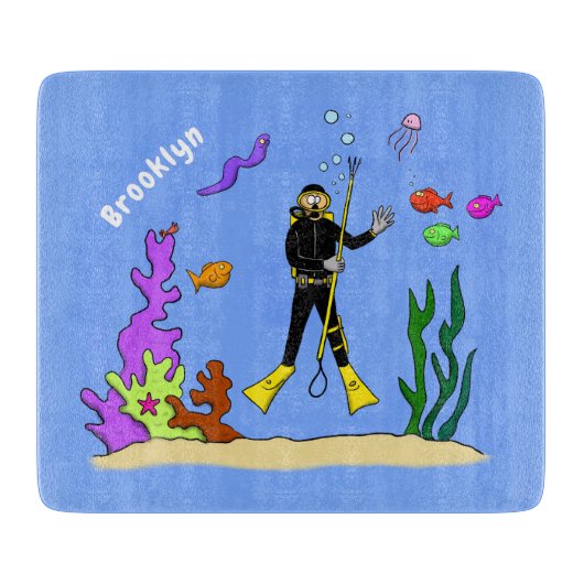 Funny scuba-duiker en cartoon van zee snijplank (Voorkant)