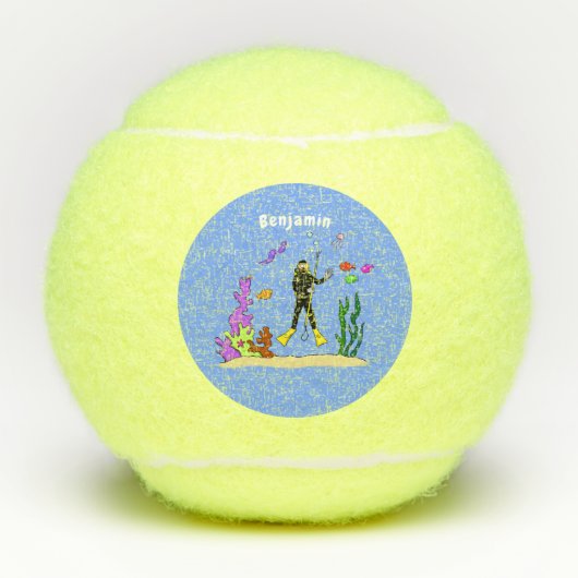 Funny scuba-duiker en cartoon van zee tennisballen (Voorkant)