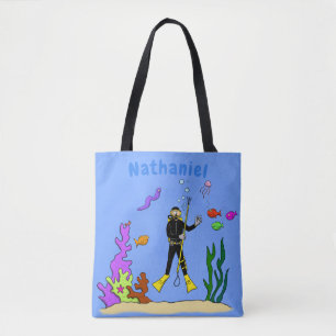 Funny scuba-duiker en cartoon van zee tote bag