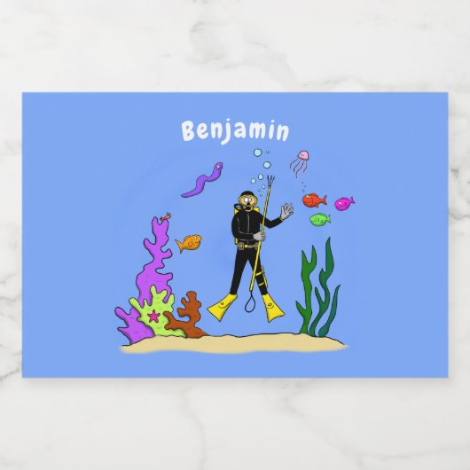 Funny scuba-duiker en cartoon van zee voedselcontainer etiket (Enkel label)