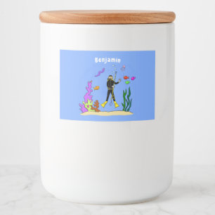 Funny scuba-duiker en cartoon van zee voedselcontainer etiket