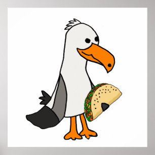 Funny Seagull Bird eet Taco Cartoon Poster