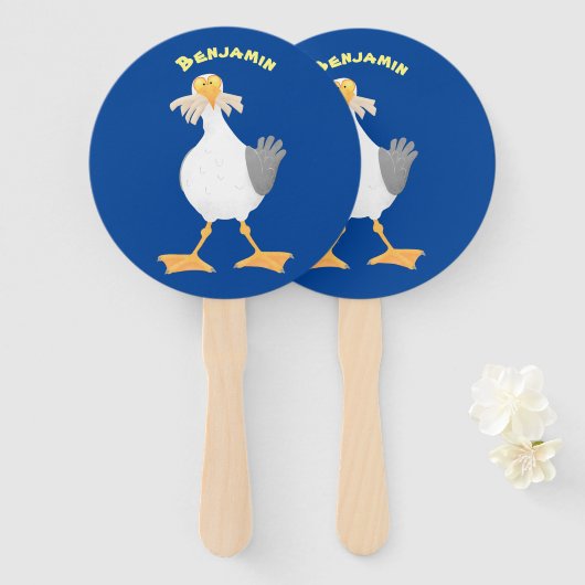 Funny seagull met Franse frieten cartoon Handwaaier (Voorkant en achterkant)