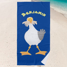 Funny seagull met Franse frieten cartoon Strandlaken