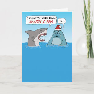Funny Shark and Manatee Claus Kerstmis Kaart