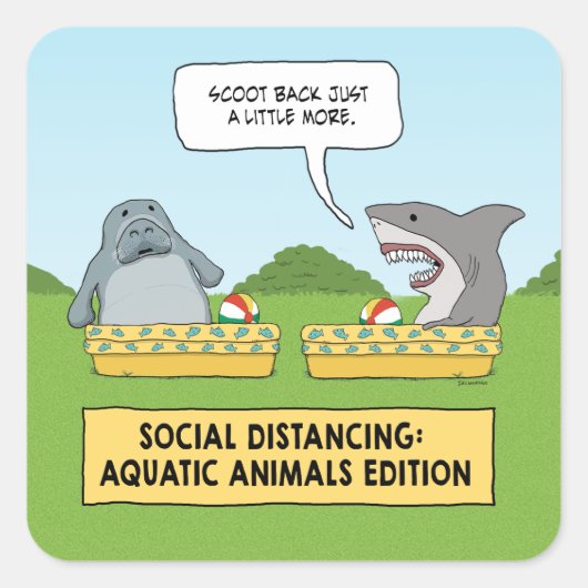 Funny Shark and Manatee Social Distancing Vierkante Sticker (Voorkant)
