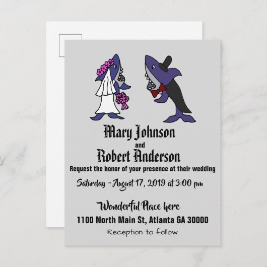 Funny Shark Bride and Groom Wedding Invitation Uitnodiging Briefkaart (Voorkant / Achterkant)
