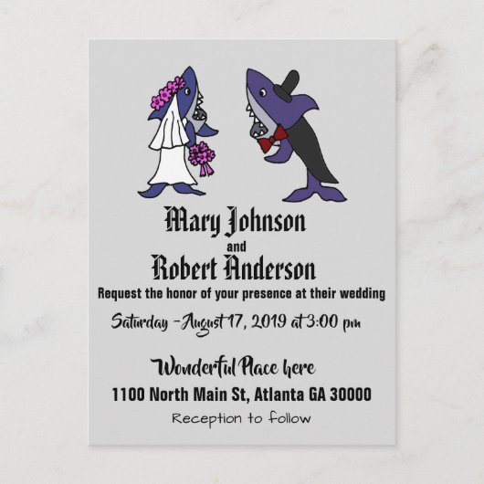 Funny Shark Bride and Groom Wedding Invitation Uitnodiging Briefkaart (Voorkant)