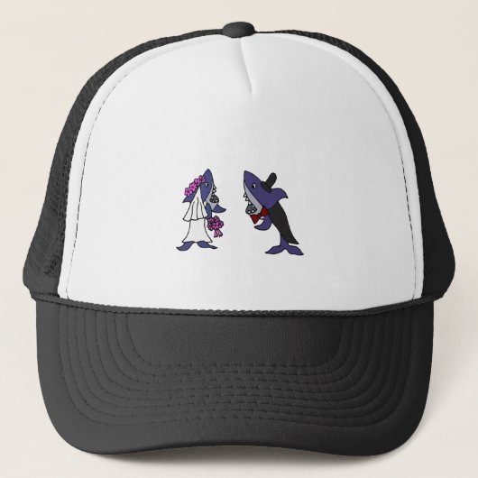 Funny Shark Bride en Groom Wedding Cartoon Trucker Pet (Voorkant)