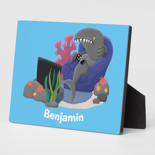 Funny shark die tv-cartoon bekijkt fotoplaat (Zijkant)