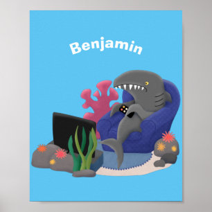 Funny shark die tv-cartoon bekijkt poster