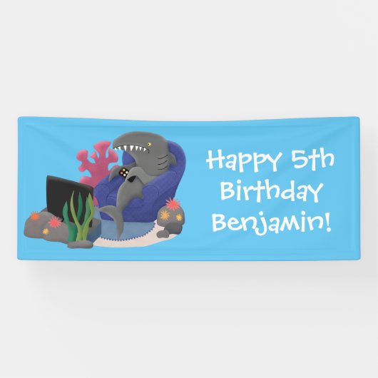 Funny shark die tv-cartoon bekijkt spandoek (Horizontaal)
