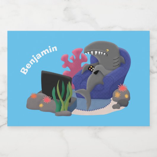 Funny shark die tv-cartoon bekijkt voedselcontainer etiket (Enkel label)