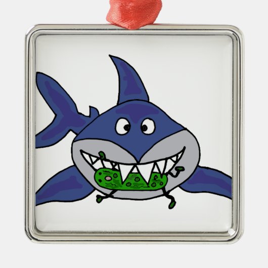 Funny Shark Eating Man Cartoon Metalen Ornament (Voorkant)