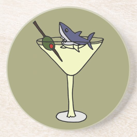 Funny Shark Eating Olive in Martini Glass Onderzet Zandsteen Onderzetter (Voorkant)