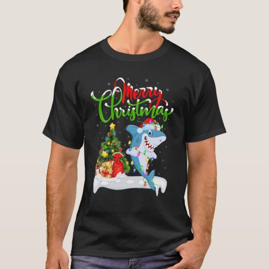 Funny Shark Fish Lover Xmas Lighting Shark Christm T-shirt (Voorkant)
